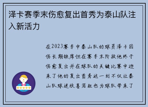 泽卡赛季末伤愈复出首秀为泰山队注入新活力